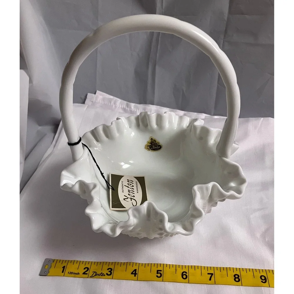 Authentic Mint Condition Vintage Fenton Milk Glass Hobnail Ruffled Basket w/Tags
